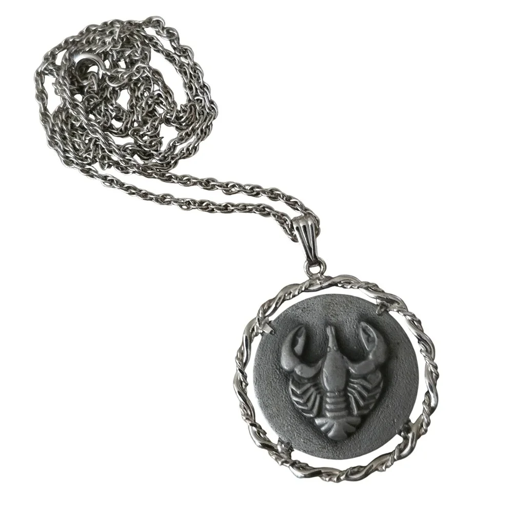 Vintage Cancer Zodiac Pendant Necklace Anson Pewter Silver Tone 24